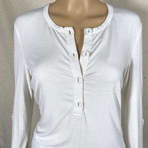 Luxury ST JOHN Stretchy Neutrals Henley w/ Roll Up Sleeves Top Sz M MSRP$495